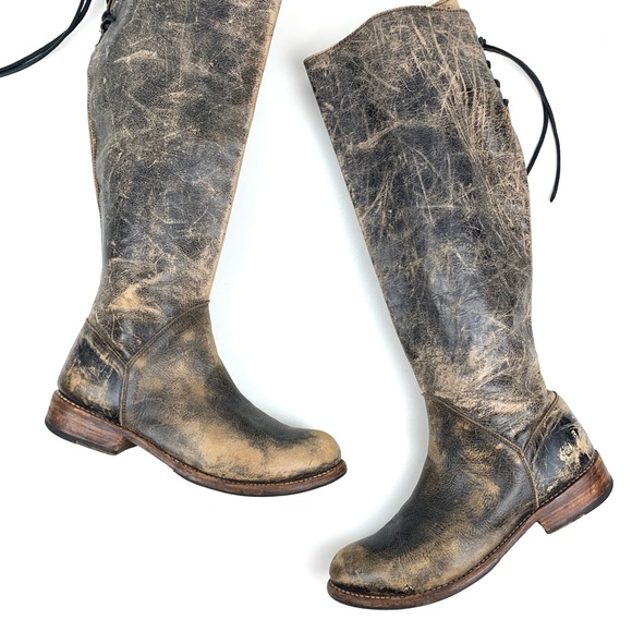 Bedstu Tall Leather Boots Manchester Distressed Brown Lace Back Low Heel Size 9 - Picture 2 of 12